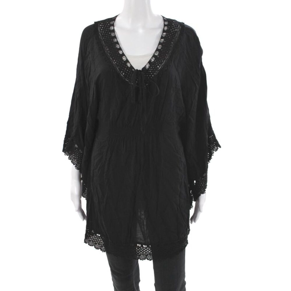 Mono Reno Womens Black V Neck Tunic Blouse 3/4 Sleeve Rayon Size M